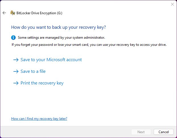 BitLocker recovery key options