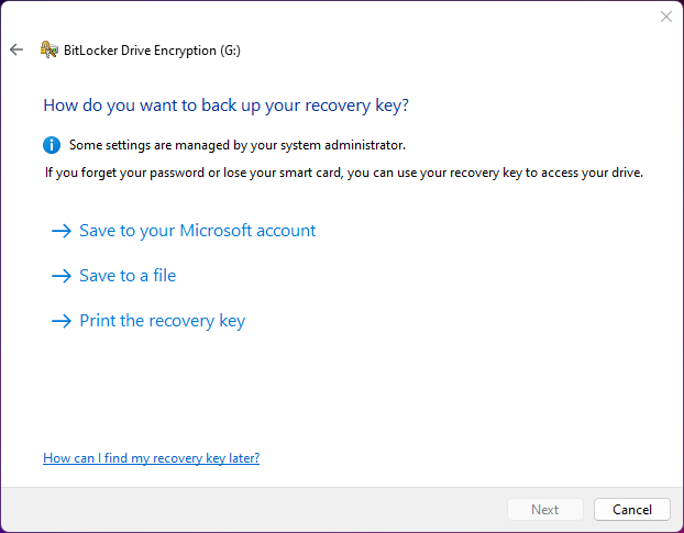 BitLocker recovery key options
