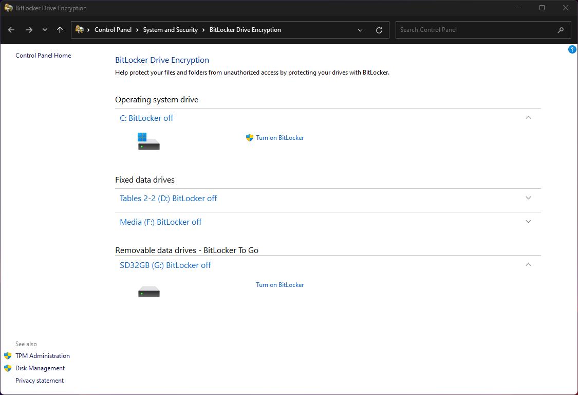 BitLocker To Go removable drives list in Windows 11