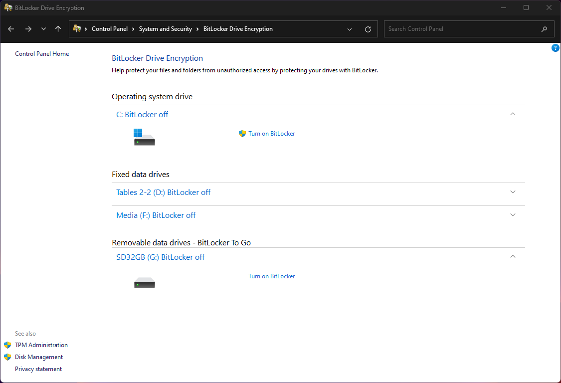 BitLocker To Go removable drives list in Windows 11