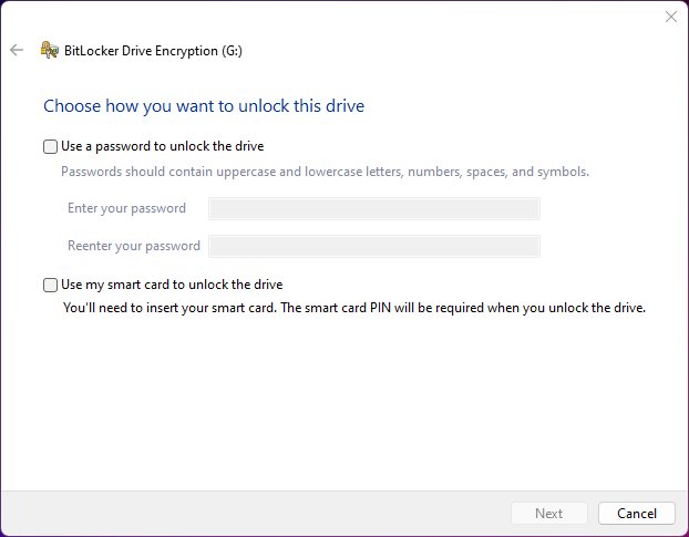 BitLocker To Go password or smartcard options