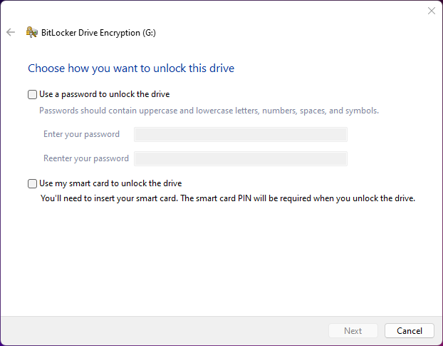 BitLocker To Go password or smartcard options