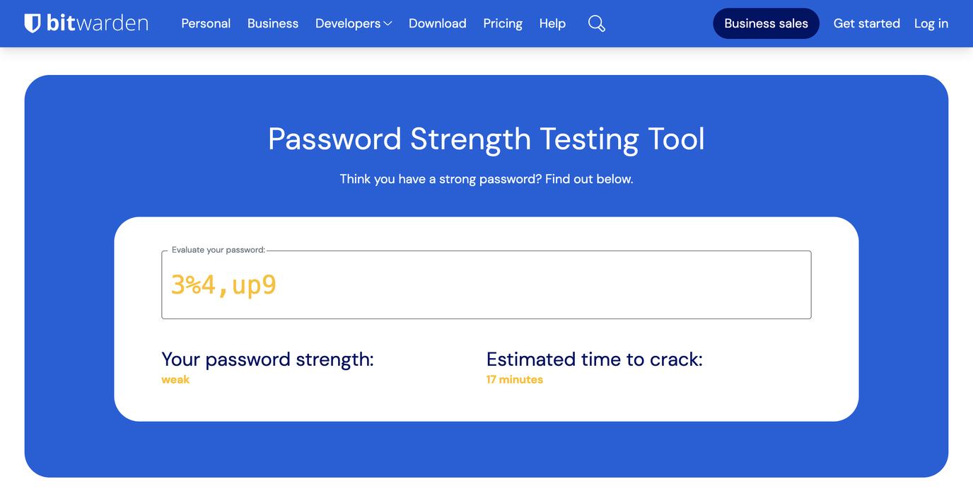 Screenshot of Bitwarden showing the password "3%4,up9" and indicating it would be cracked in 17 minutes.