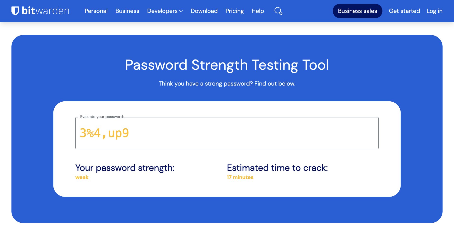 Screenshot of Bitwarden showing the password "3%4,up9" and indicating it would be cracked in 17 minutes.
