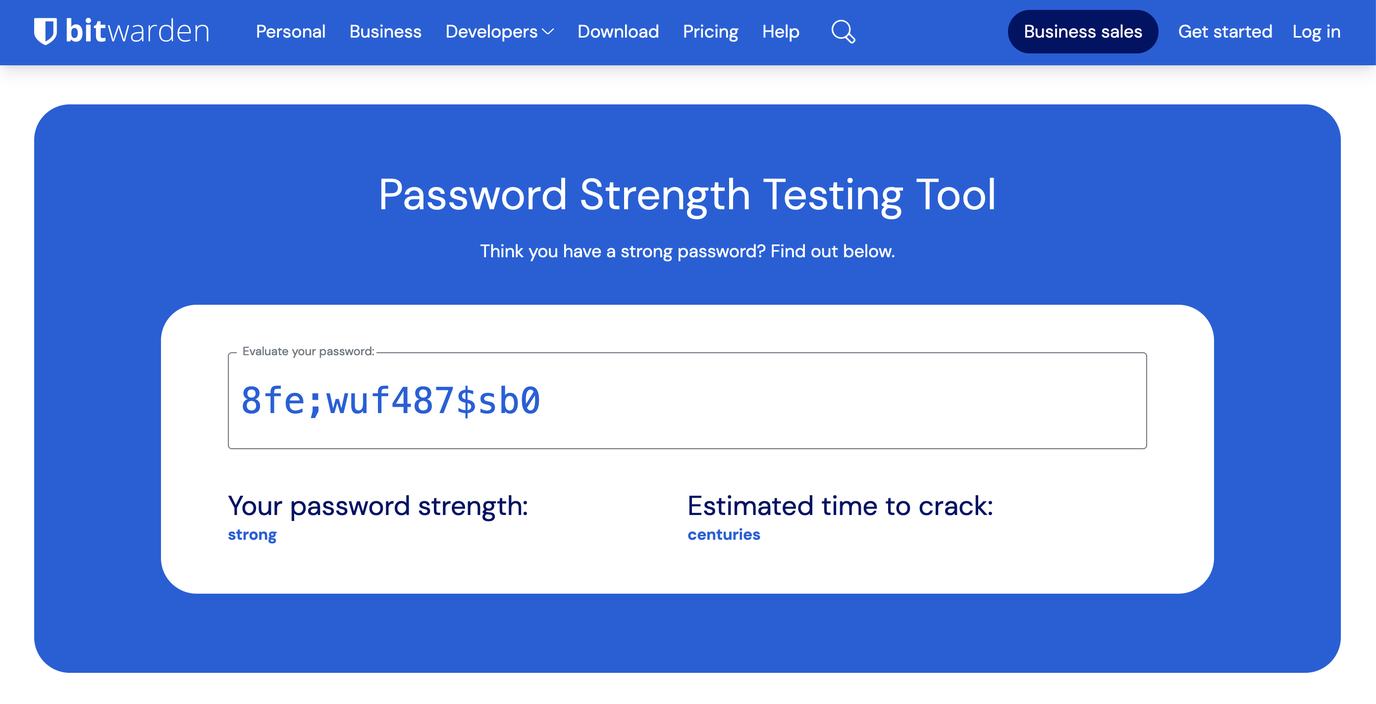 Screenshot of Bitwarden showing the password "8fe;wuf487$sb0" and indicating it would be cracked in centuries.