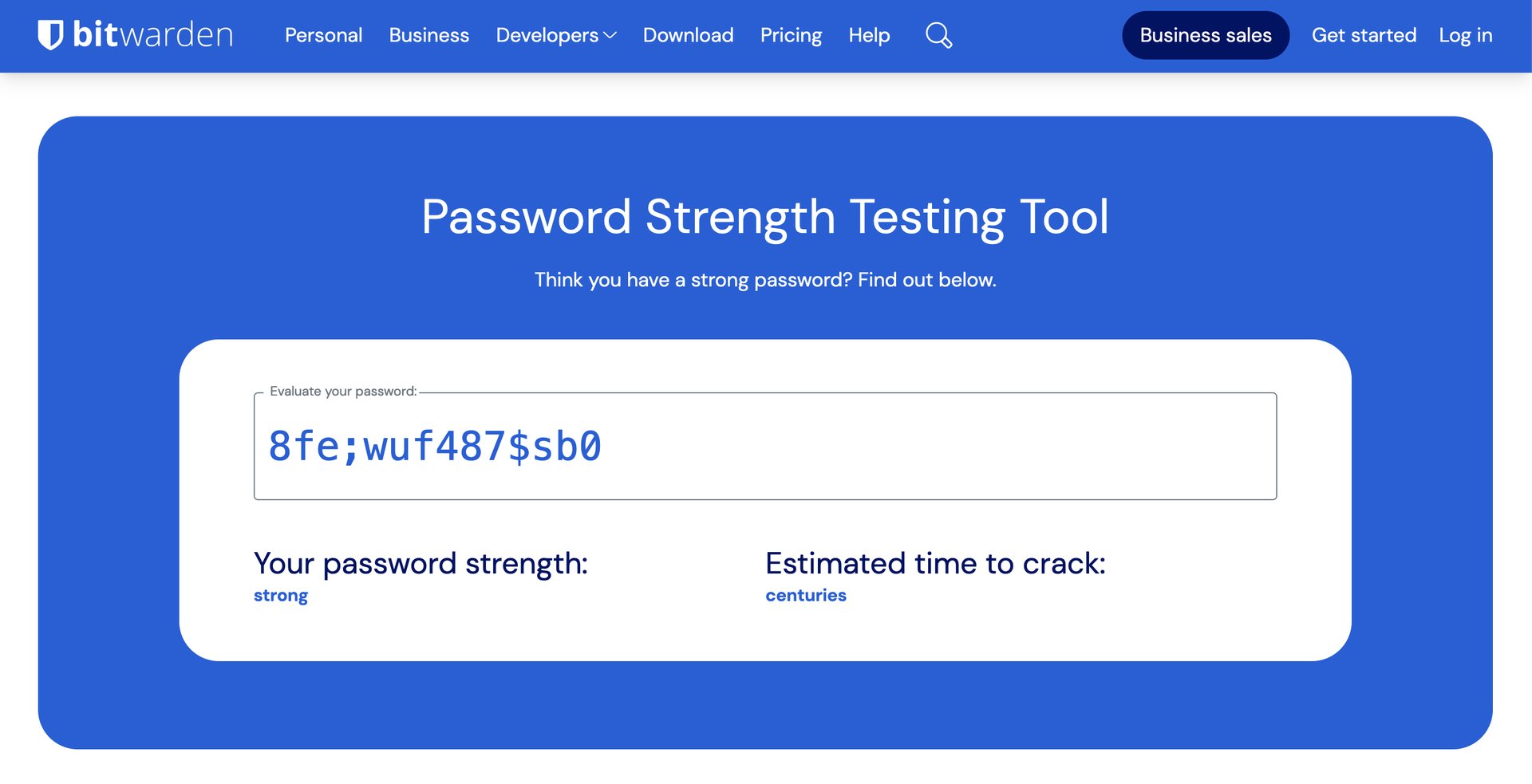 Screenshot of Bitwarden showing the password "8fe;wuf487$sb0" and indicating it would be cracked in centuries.