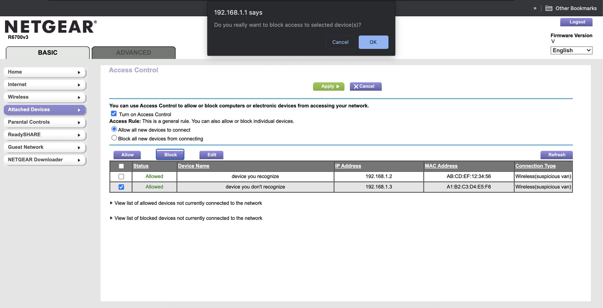 Screenshot of a router's access control interface, where connected devices can be viewed, and later blocked or allowed.