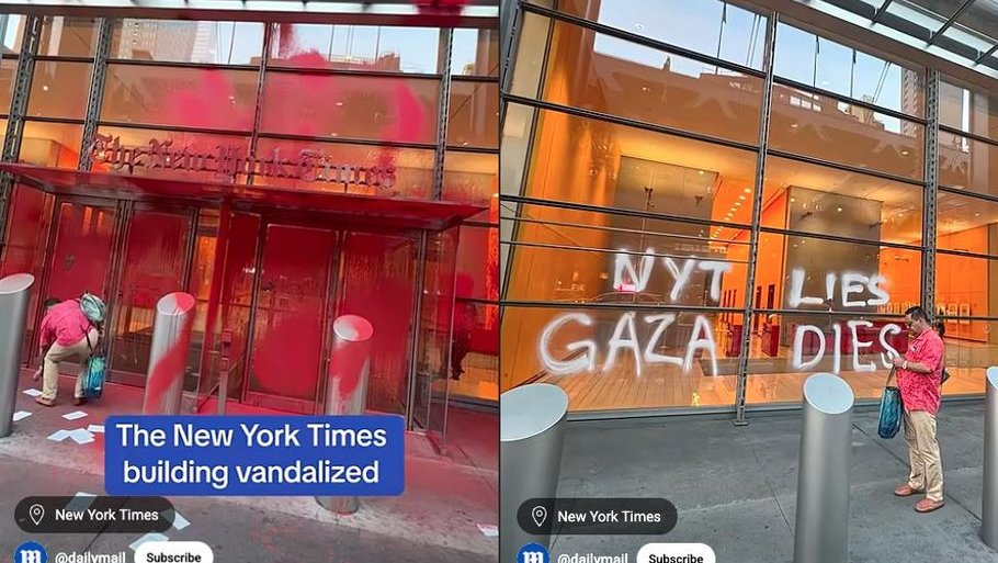 Screenshots show images of vandalism at The New York Times Building in New York City on July 30, 2025.
