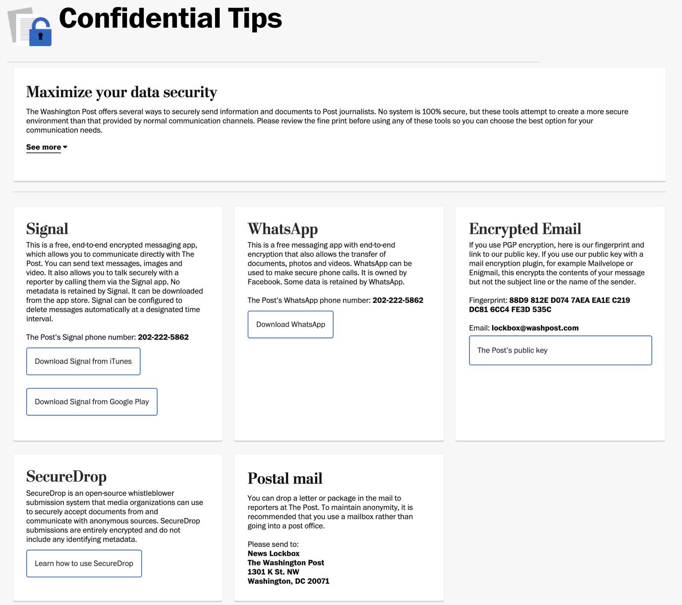 The Washington Post's confidential tip page, showing multiple private channels to reach out, including Signal, WhatsApp, encrypted email, SecureDrop, and postal mail.