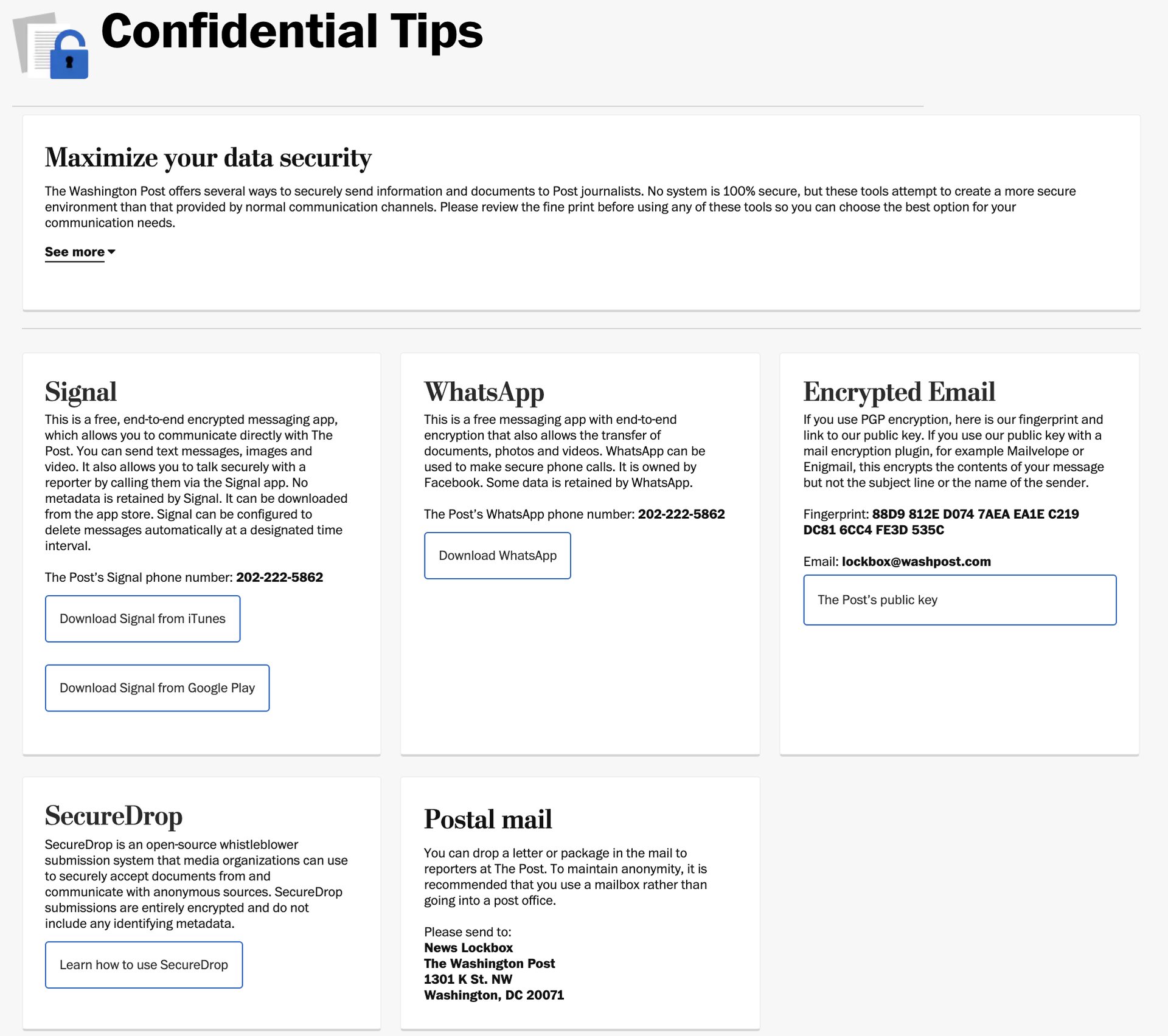 The Washington Post's confidential tip page, showing multiple private channels to reach out, including Signal, WhatsApp, encrypted email, SecureDrop, and postal mail.