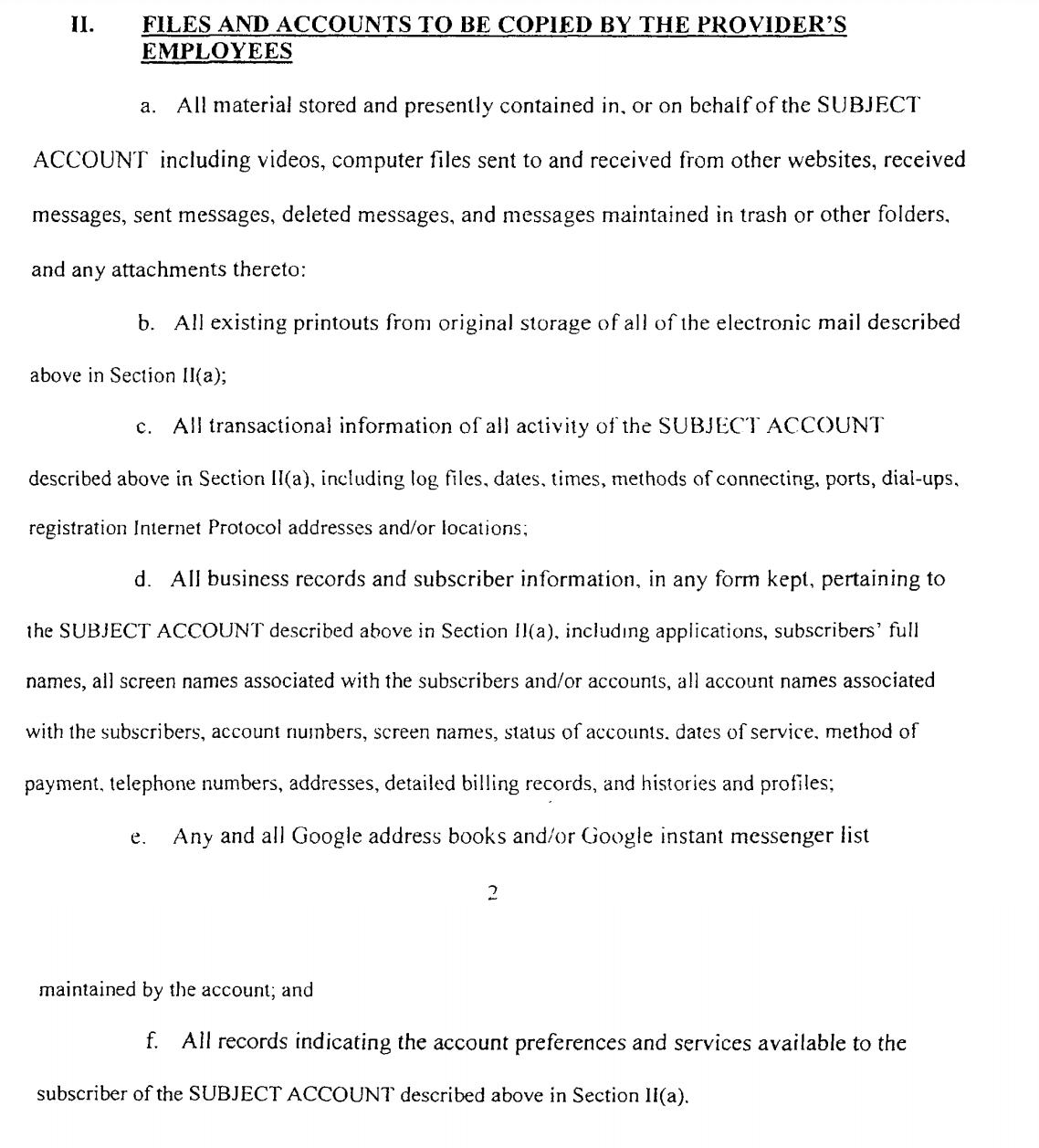 Image from court records showing details of the data types requested.