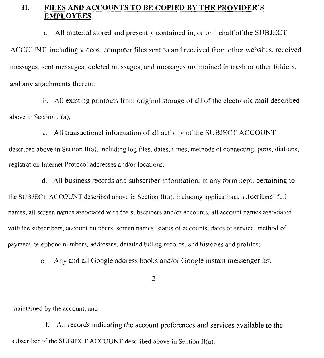 Image from court records showing details of the data types requested.