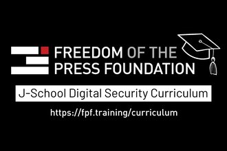 The Freedom of the Press Foundation logo with the text "J-school digital security curriculum" underneath along with a link to this page.