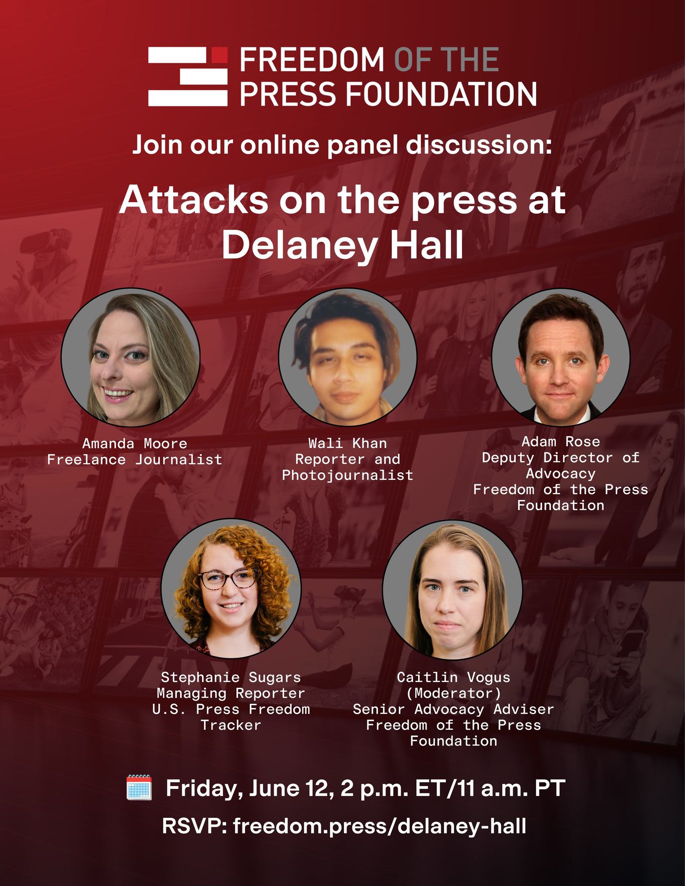 Flyer for webinar on June 12 at 2 ET about attacks on the press at Delaney Hall in Newark, New Jersey