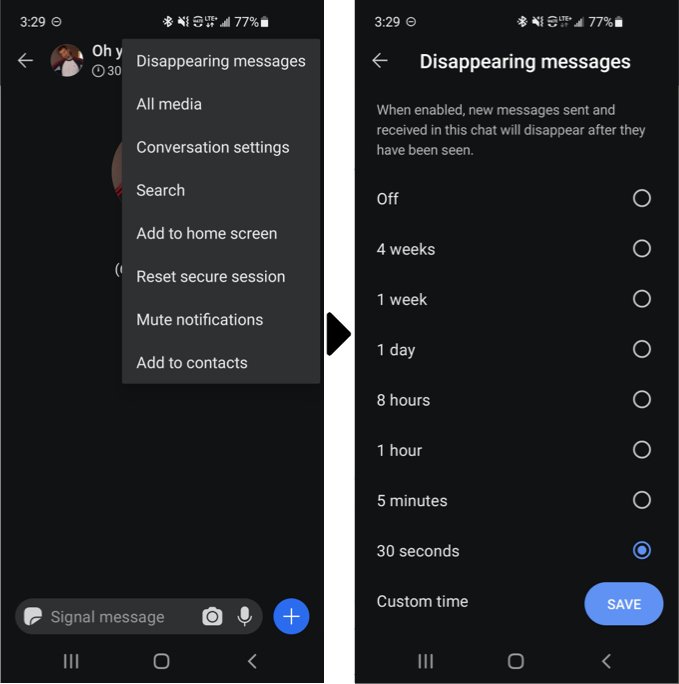 Screenshot displaying how to turn on Signal's "disappearing messages" feature