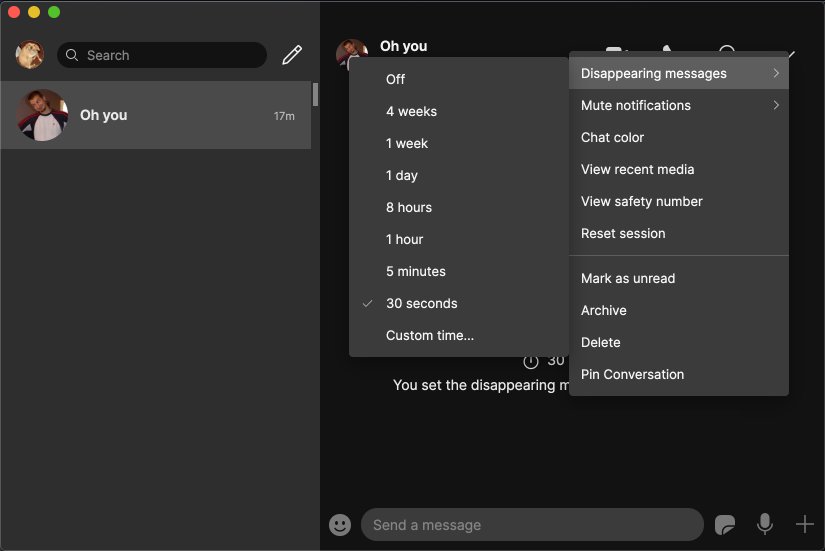 Screenshot of a user choosing the length that a disappearing message will be available within Signal on desktop. This can be set in the 'off' position, or as short as 30 seconds, to as long as four weeks, or a custom time.