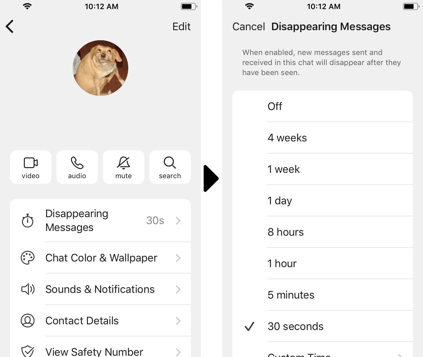 A screenshot of a user transitioning from the settings page for a Signal conversation into the "disappearing messages" settings.