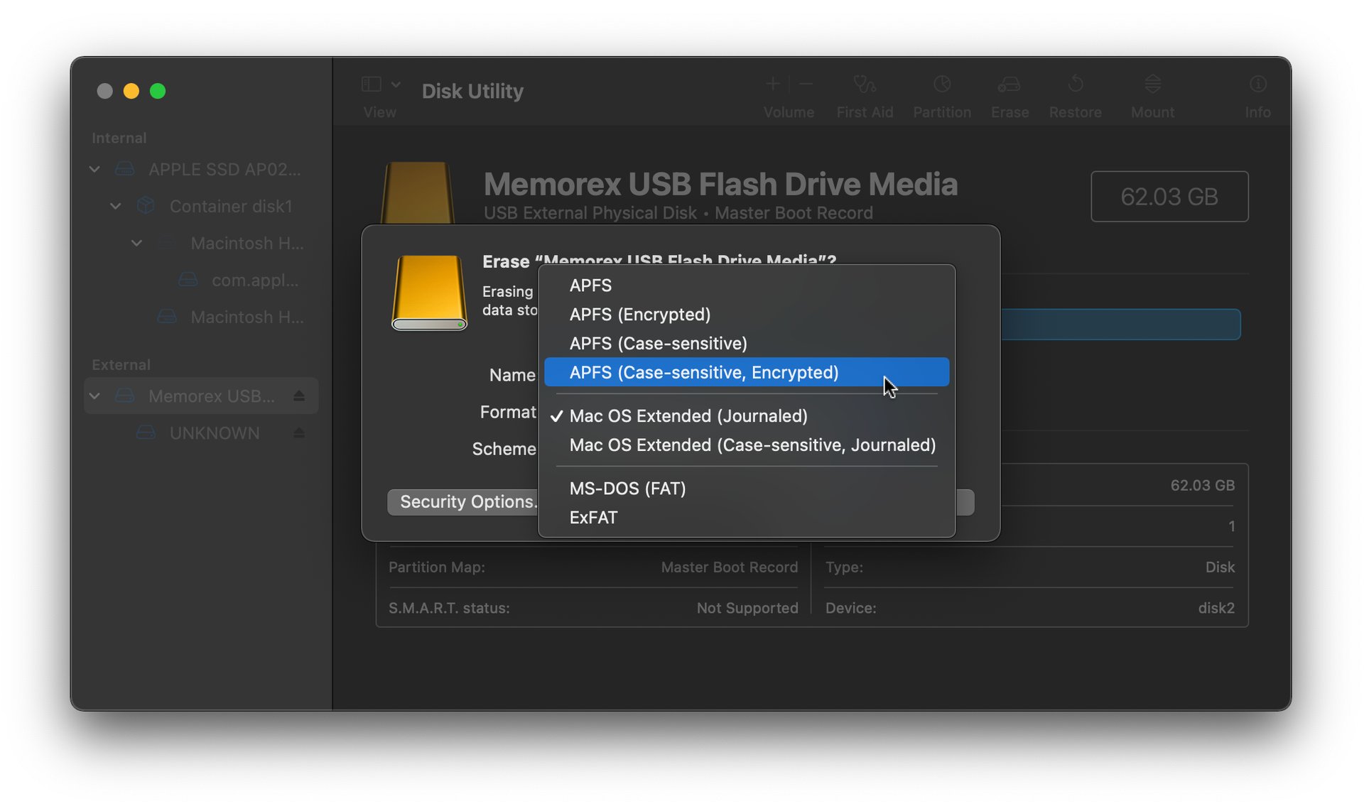 Disk Utility drive format options