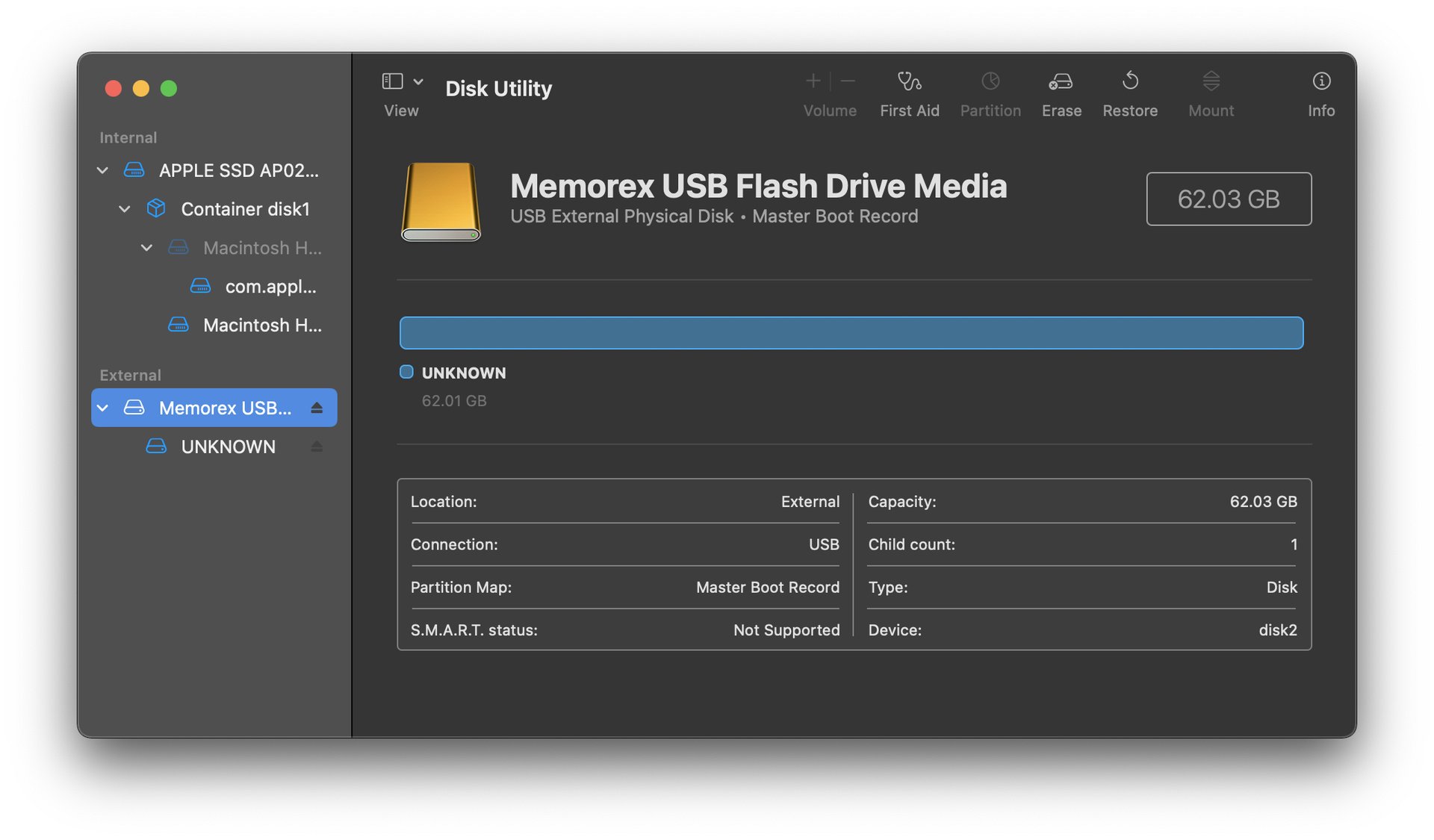Disk Utility showing a new drive named with a volume named UNKNOWN