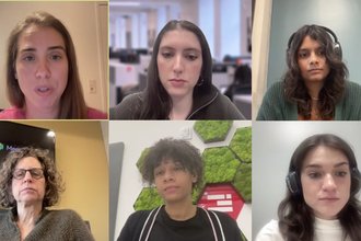 Screenshot of a Zoom panel, with boxes showing six speakers: Caitlin Vogus (top left), Lizzy Lawrence (top center), Grace Hussain (top right), Emily Spatz (bottom right), Harlo Holmes (bottom center), and Sharon Lerner (bottom left).