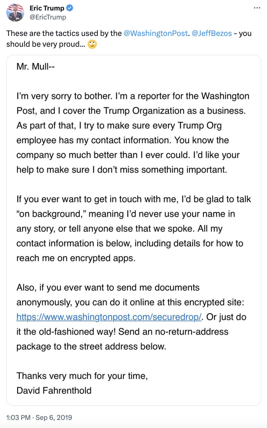 Screenshot of a tweet from Eric Trump, complaining that David Fahrenthold emailed Trump Organization employees