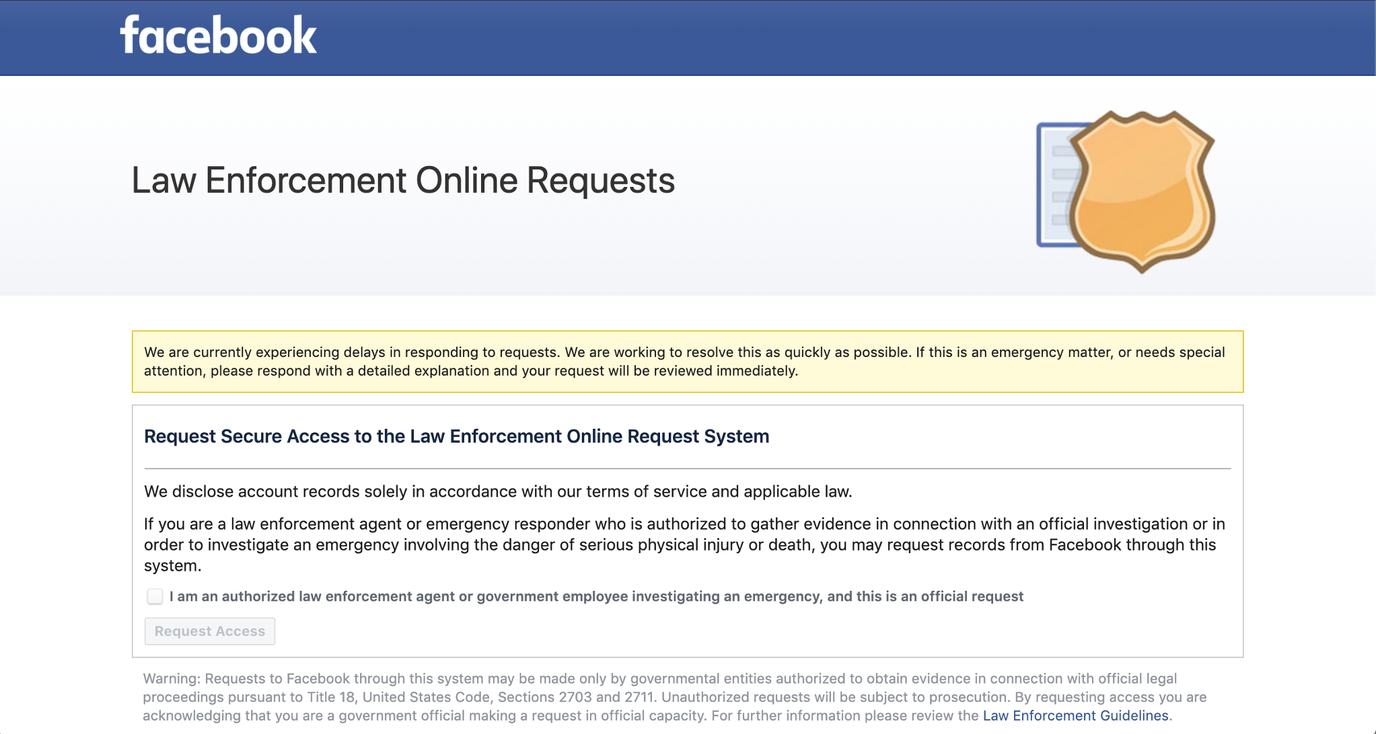 A screenshot of Facebook's law enforcement data request portal.