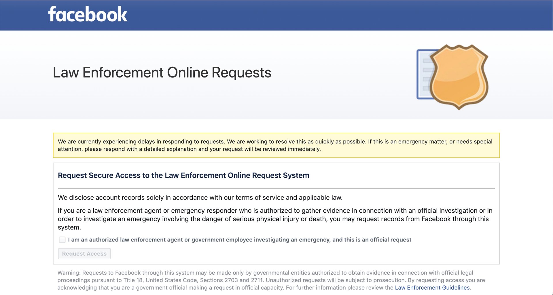 A screenshot of Facebook's law enforcement data request portal.