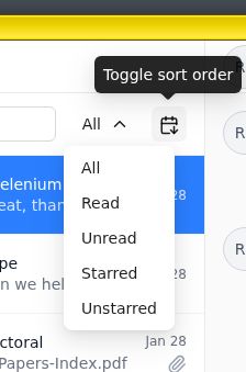 A screenshot of the filter menu in SecureDrop Inbox