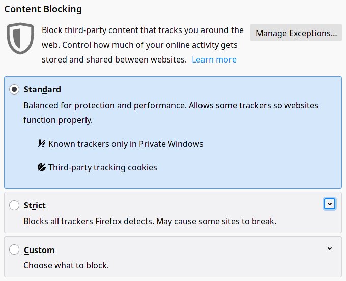 A screenshot of Firefox's content blocking settings, including standard, strict, and custom. The user is currently selecting "standard," which only blocks trackers in private windows and third party cookies. Strict settings would block all trackers.