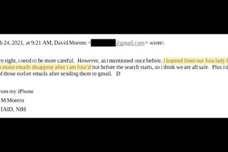 A screenshot of an email from David Morens with the following text highlighted in yellow: “i learned from our foia lady here how to make emails disappear after i am foia’d”
