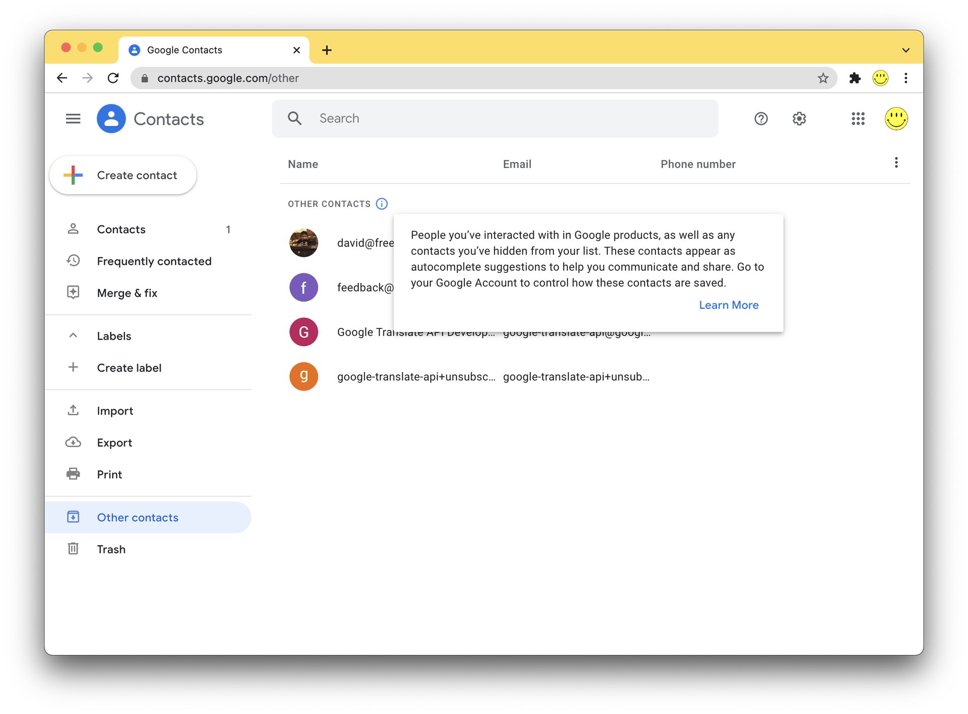 Screenshot of Google Contacts "other" section with tooltip explaining how the list was generated
