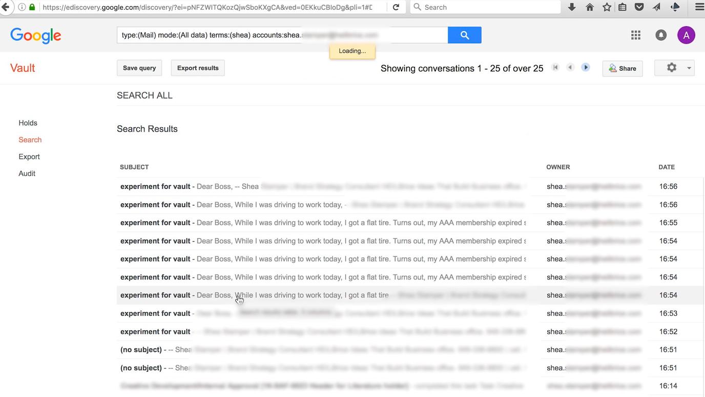 Screenshot of multiple iterations of a draft email within Google Vault.