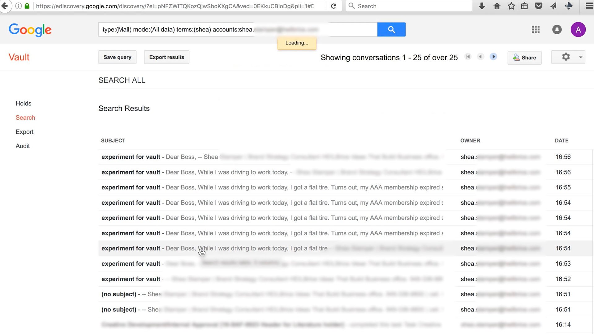 Screenshot of multiple iterations of a draft email within Google Vault.