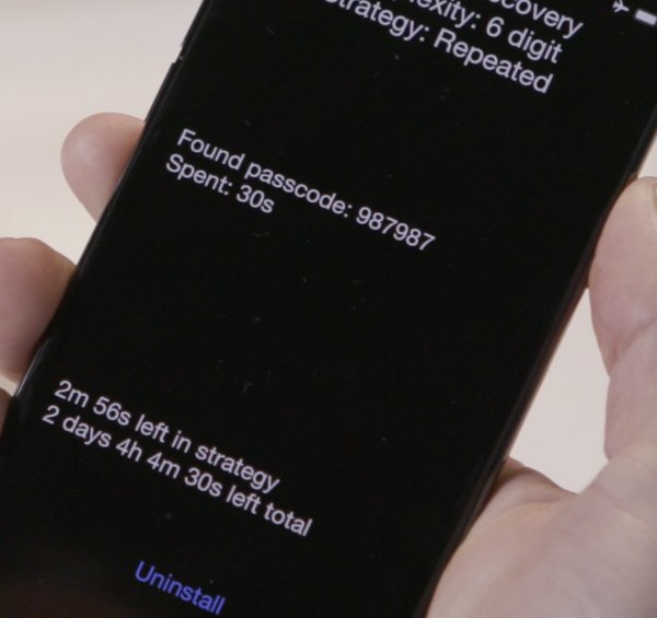 A screenshot of a GrayKey interface on a smartphone, which reads "Found passcode: 987987" followed by "Spent: 30 seconds" and "2 minutes 56 seconds left in strategy" and "2 days 4 hours, 4 minutes, 30 seconds left total" and an "uninstall"  link.