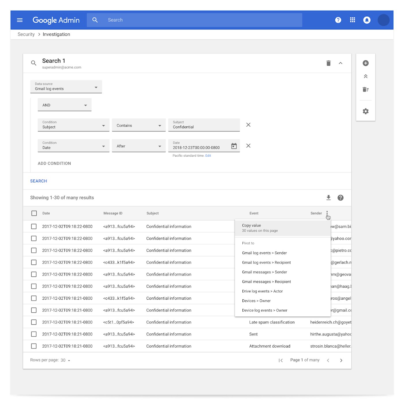A screenshot from Google’s Workspace Security Center product marketing page, showing selection tools for identifying which users accessed which documents.