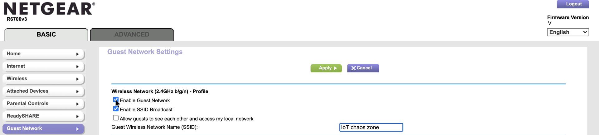 Screenshot of a router's guest network setup interface
