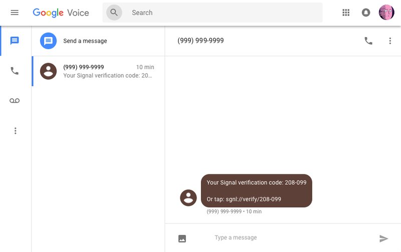 A screenshot of Google Voice accepting a registration code for Signal.