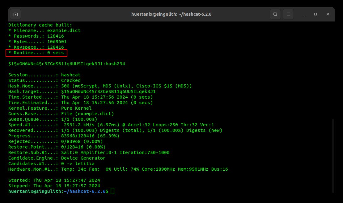 A screenshot of hashcat running in Gnome terminal showing that it took 0 seconds to crack a hashed password.