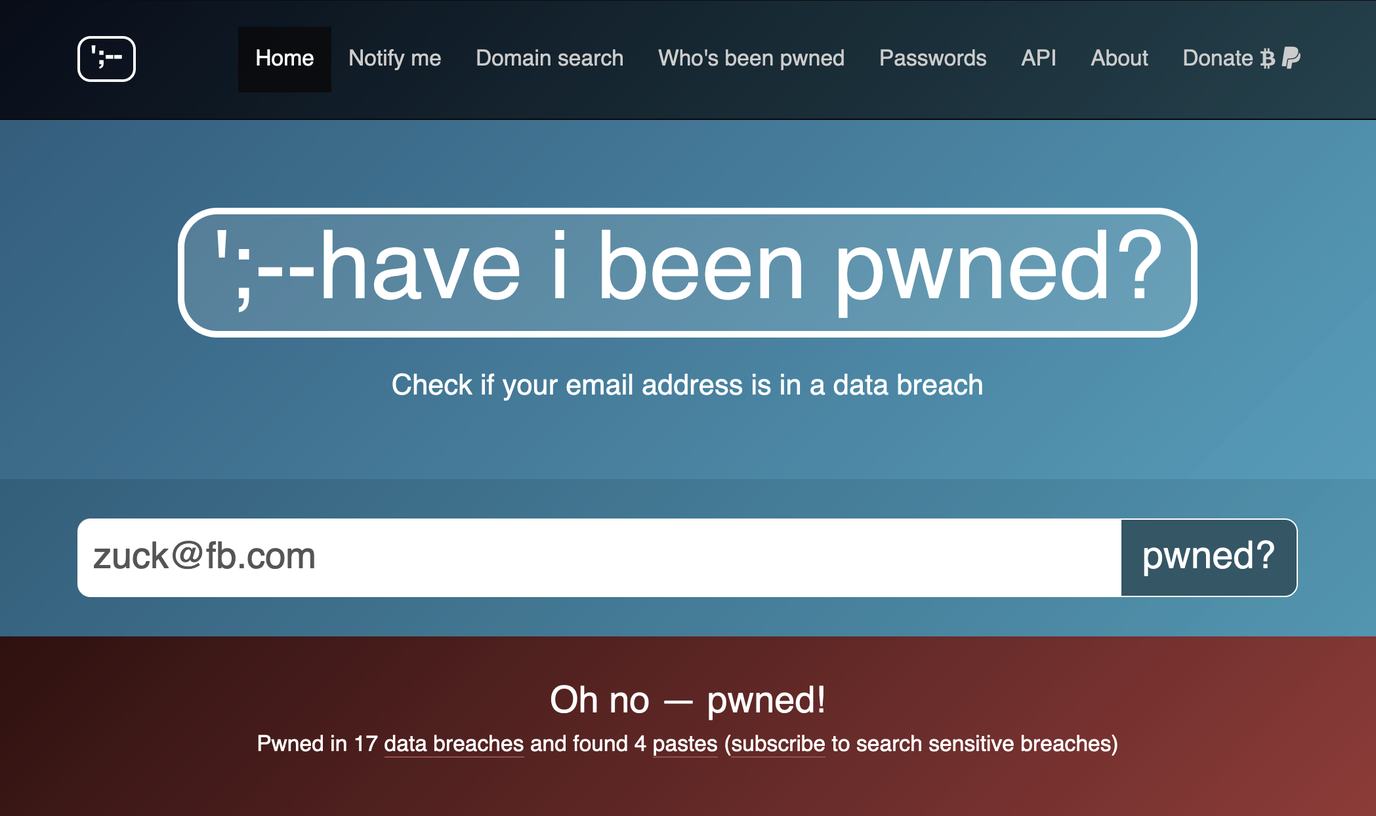Screenshot of haveibeenpwned.com with zuck@fb.com in the search field