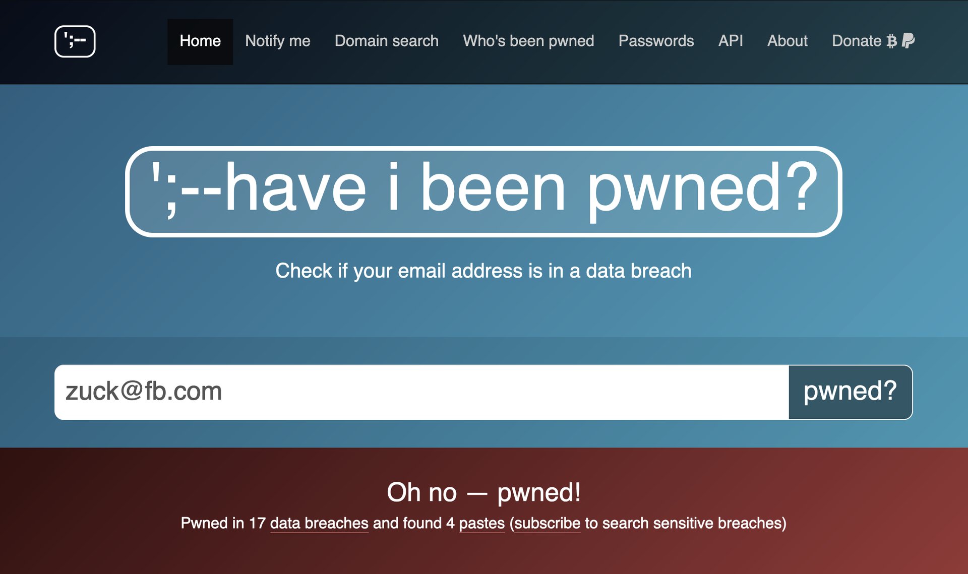 Screenshot of haveibeenpwned.com with zuck@fb.com in the search field