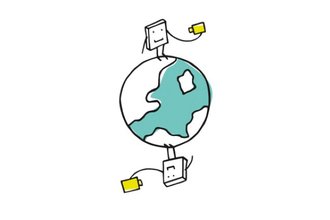 Header image showing two cute animated characters standing on top of opposite sides of a small planet, pointing cameras at themselves.