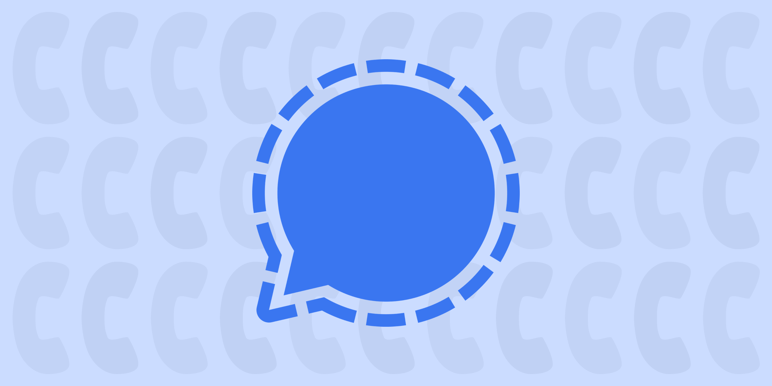 Header image with a graphic of Signal's "speech bubble" logo, with a pattern of silhouettes of phones in the background.