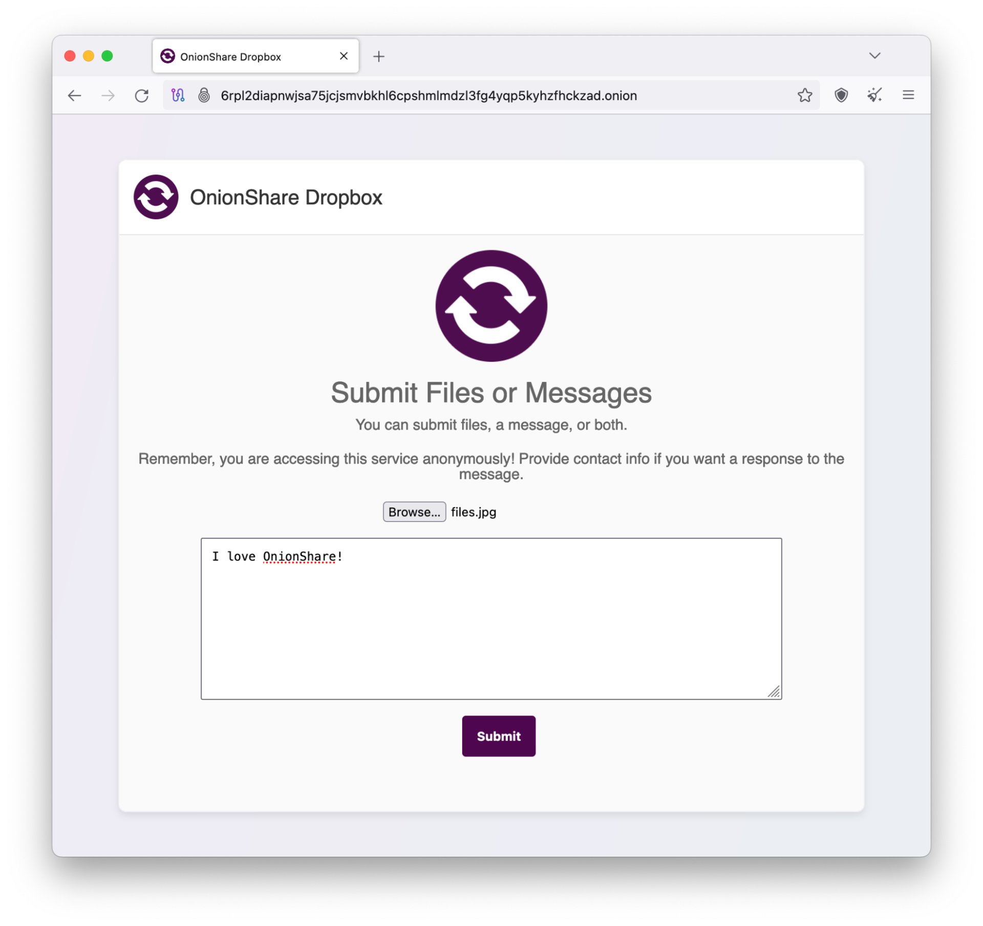 Screenshot of a file upload service page within OnionShare.