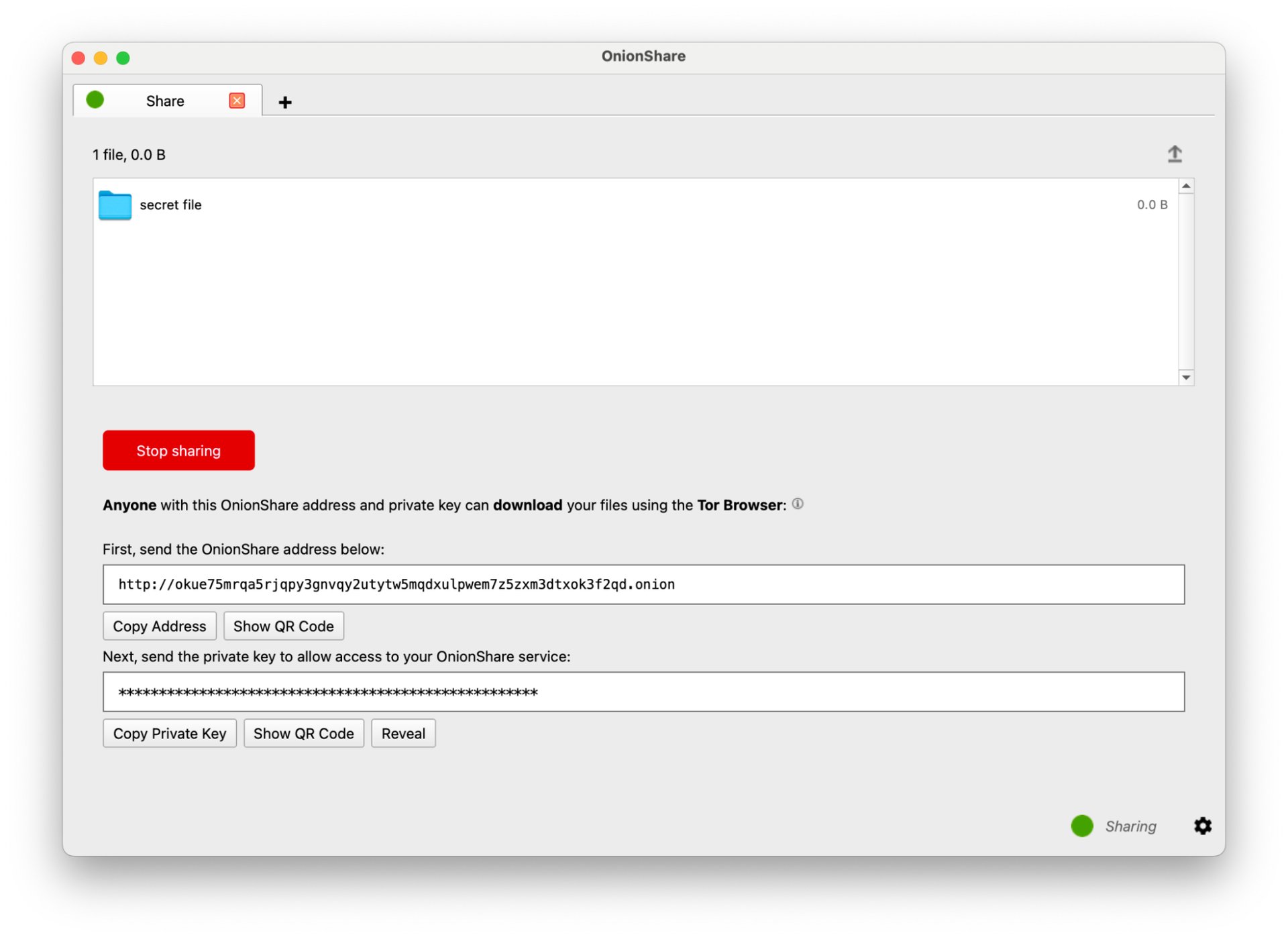 Screenshot showing how to access your file upload's private key and sharable .onion link within OnionShare.