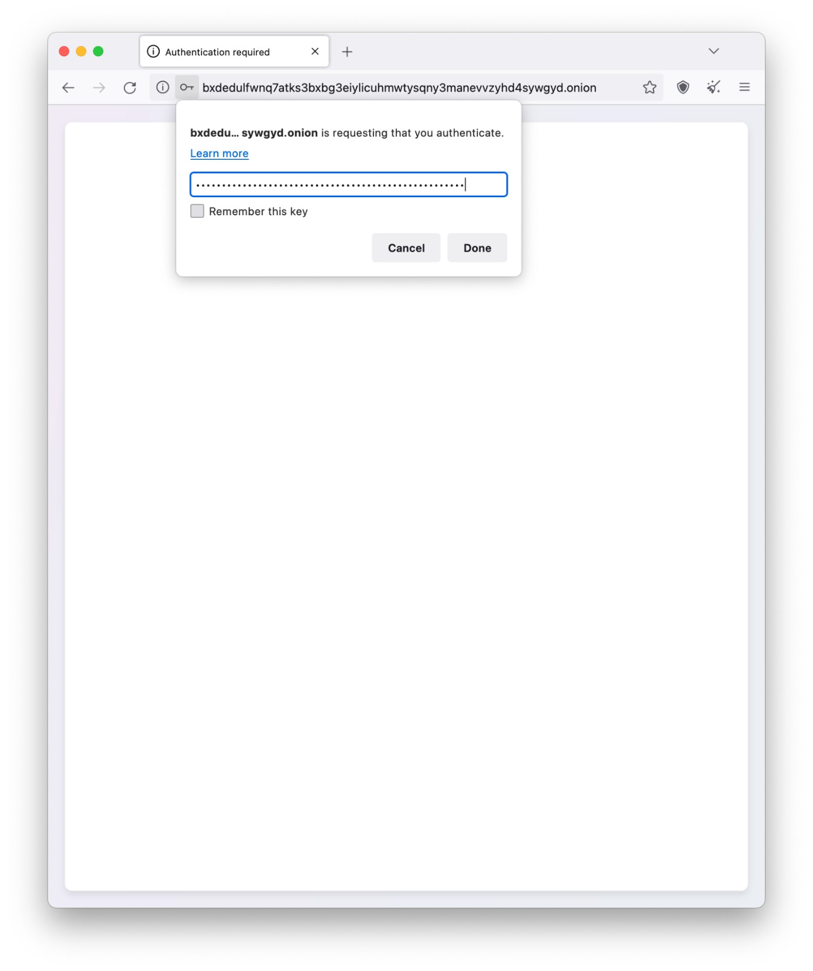 Screenshot of a user entering the private key for a given OnionShare .onion link.