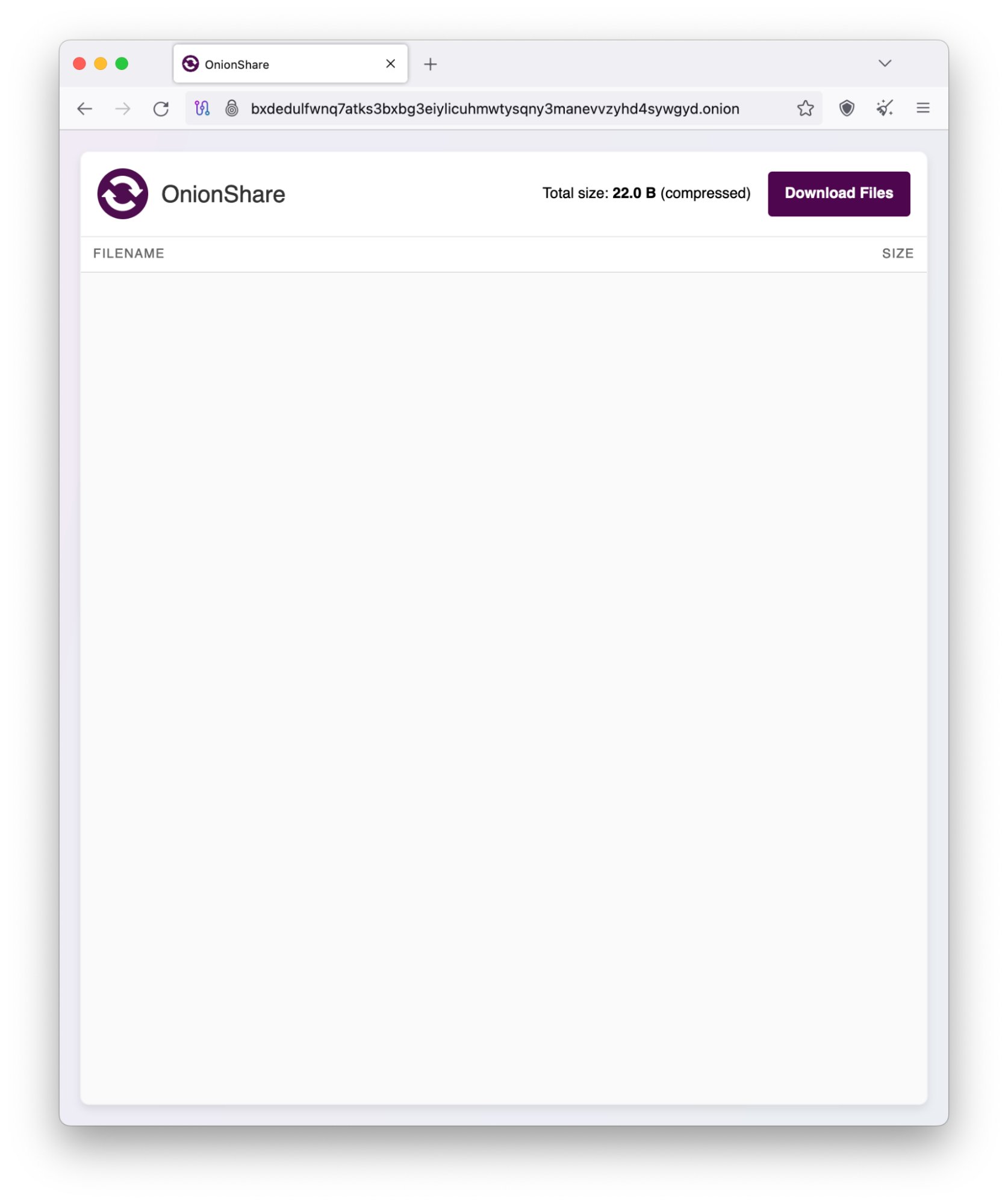 "Download files" page after successfully authenticating a file transfer within OnionShare