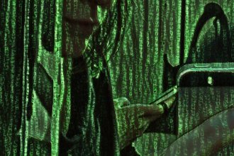Header image of a woman holding a phone with Matrix code overlaying the image