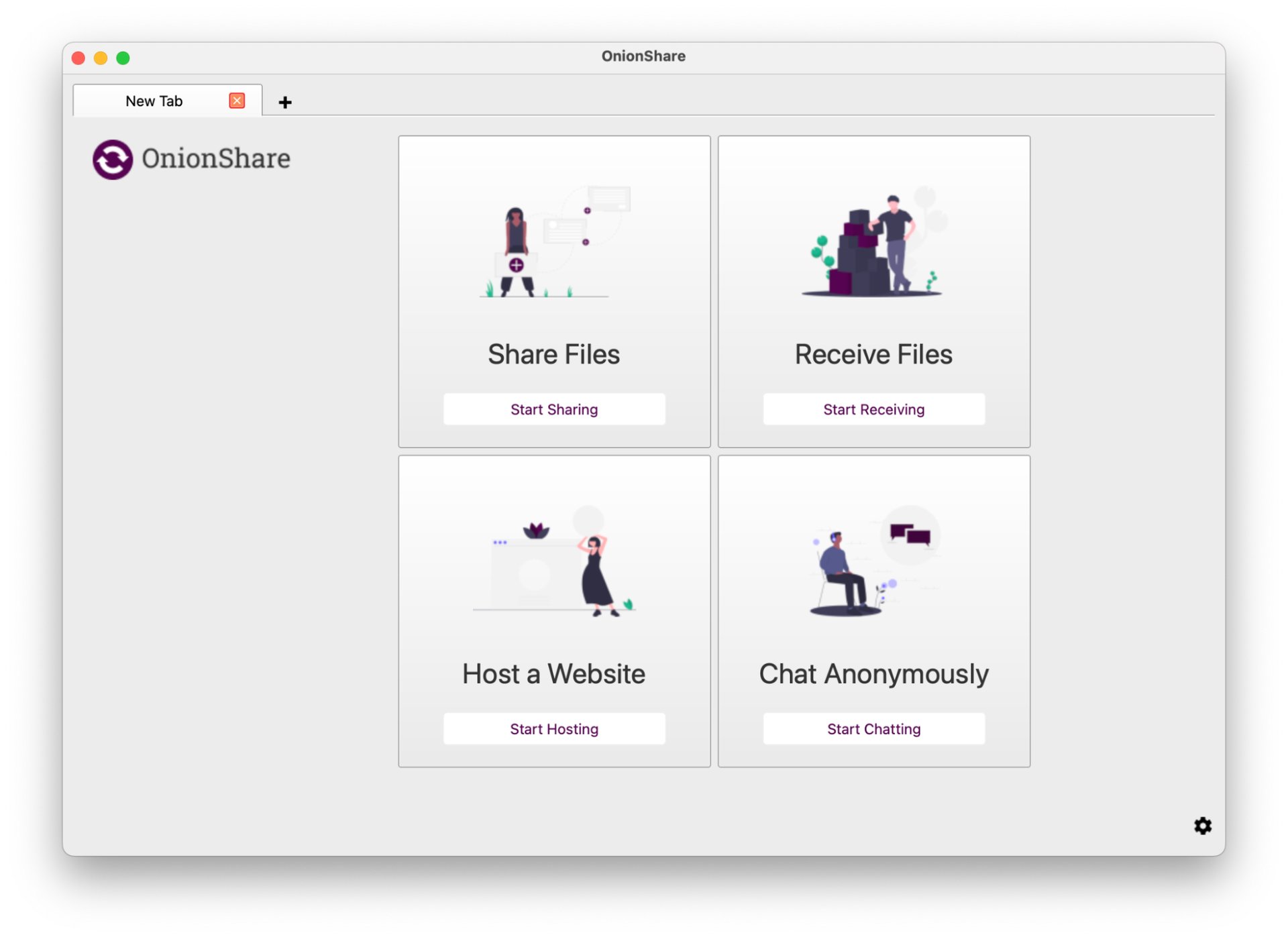 Screenshot of navigation page with OnionShare's service options: Send files, receive files, host a website, or chat anonymously.
