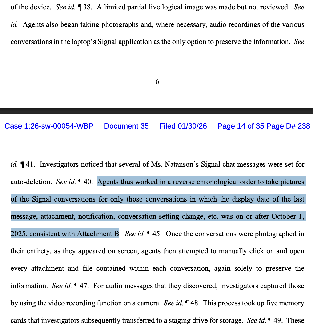 Court document highlighting passage that reads, "Agents thus worked… to take pictures of the Signal conversations for only those conversations in which the display date of the last message, attachment, notification, conversation setting change, etc"