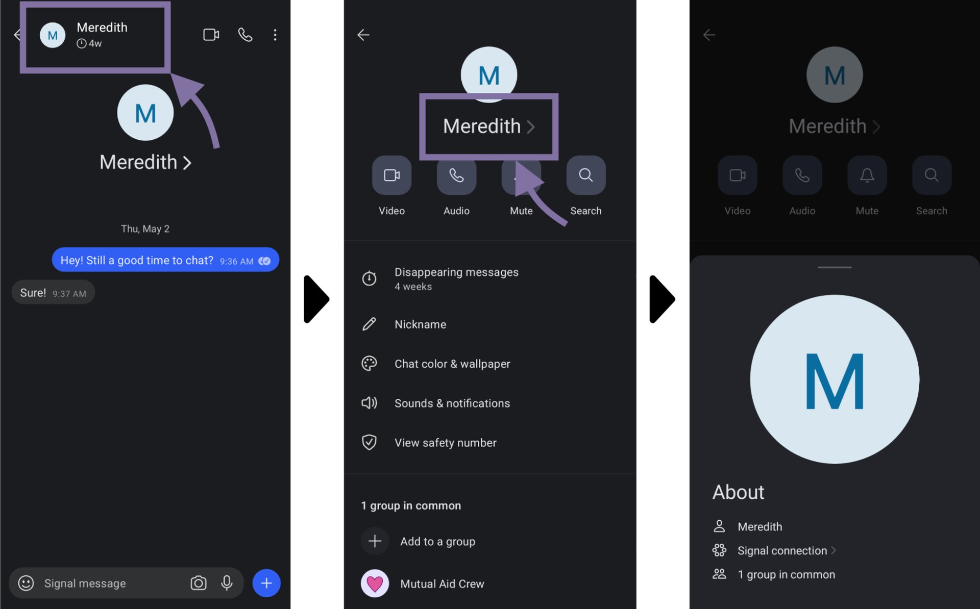 Three screenshots showing, after opening a conversation in Signal, how a user can find another user's profile information. In screenshot one, the user clicks on the user's name at the top of the screen. In screenshot two, the user again clicks on the user